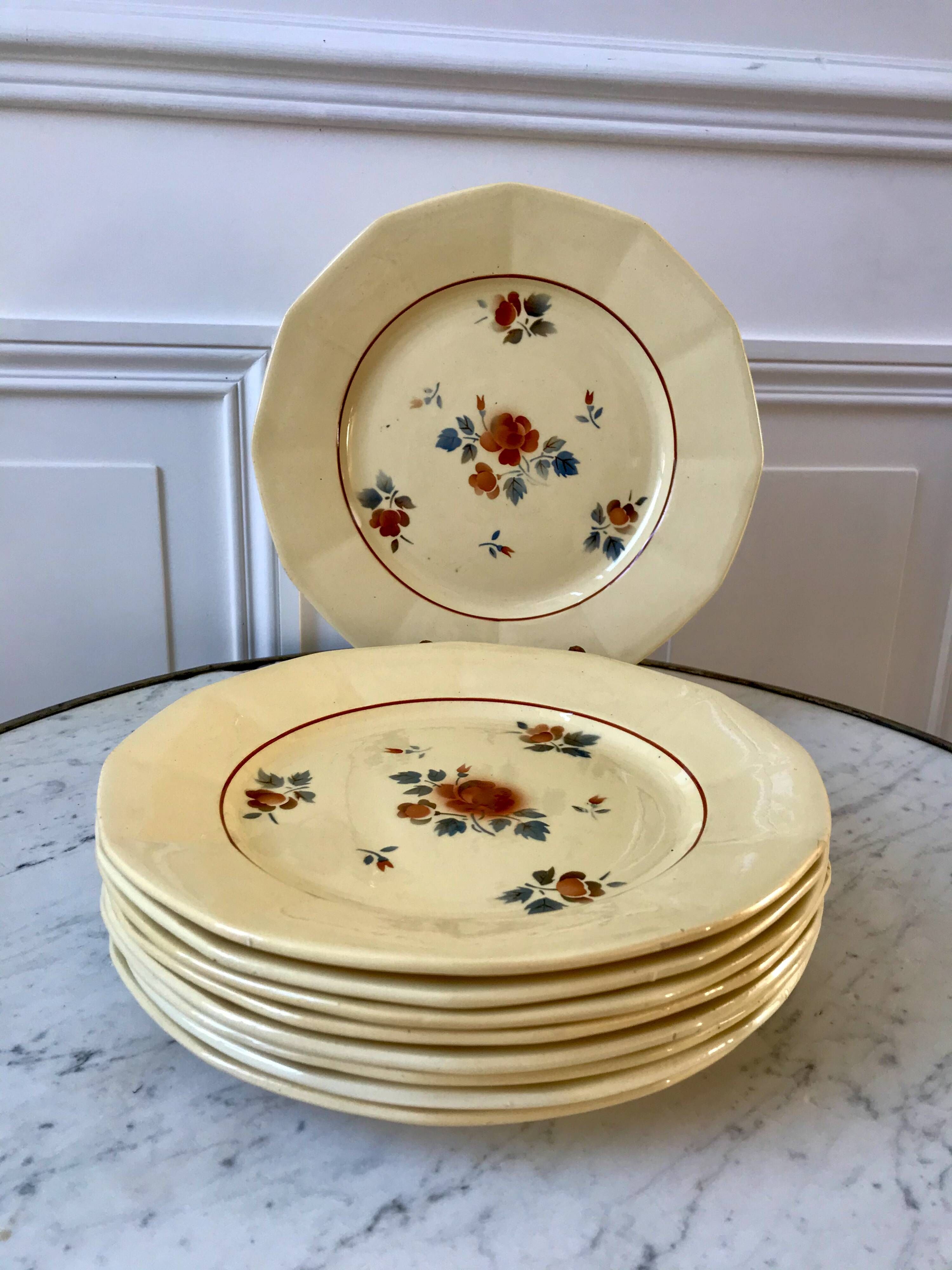 set of 9 Digoin Sarreguemines beige flat plates with pink flowers 1930s-40s