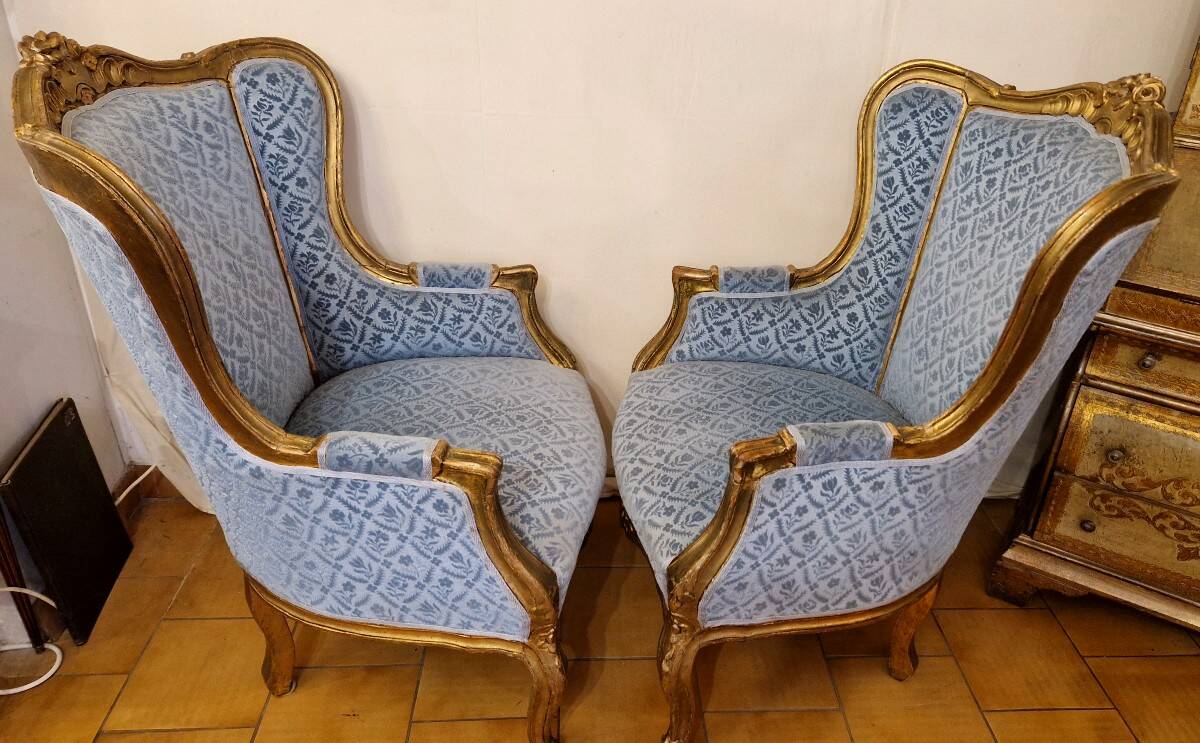 Paire De Fauteuils "Bergère" En Bois Doré de Style Louis XV