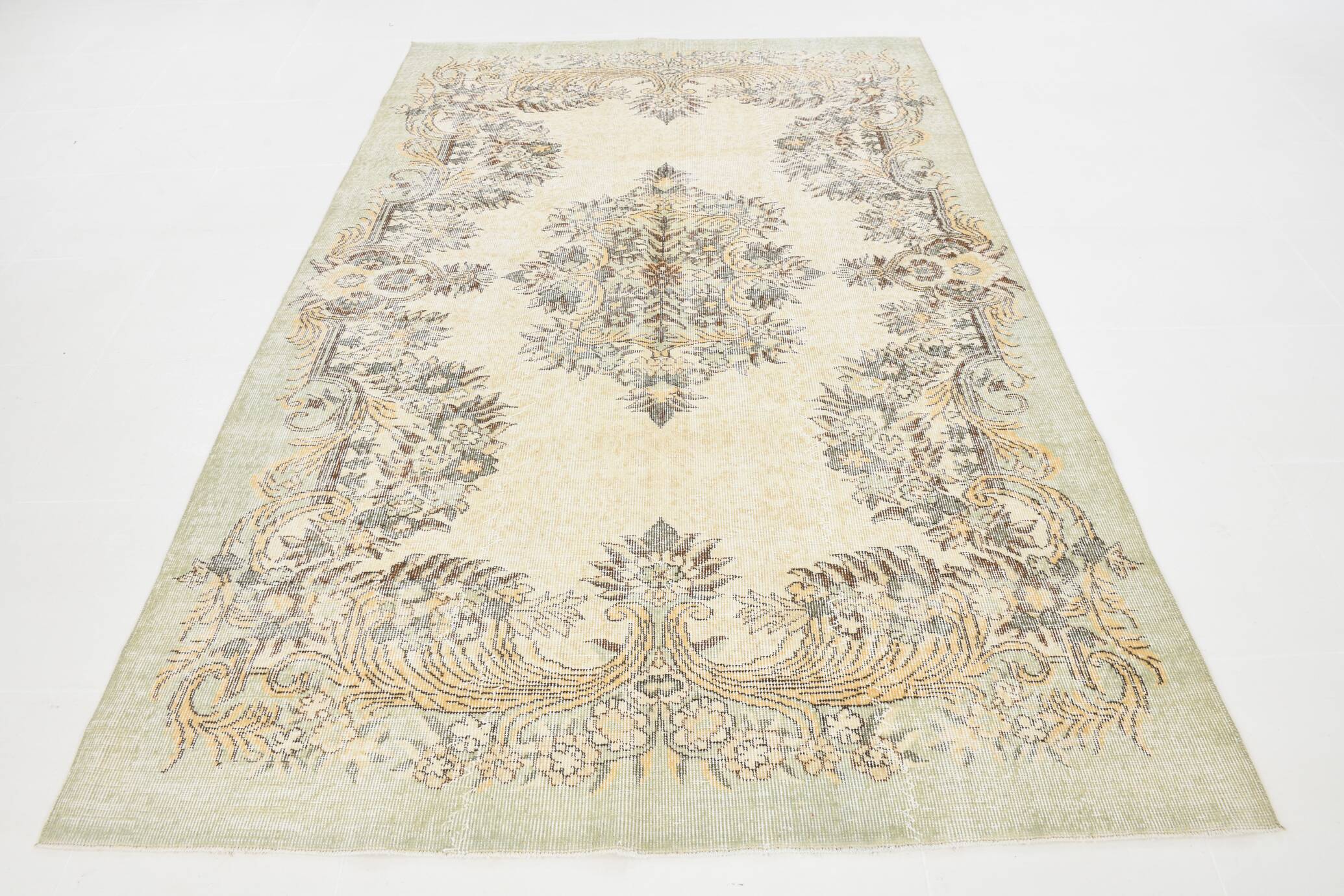 Light Green & Beige Handmade Wool Vintage Rug, 173x262 Cm