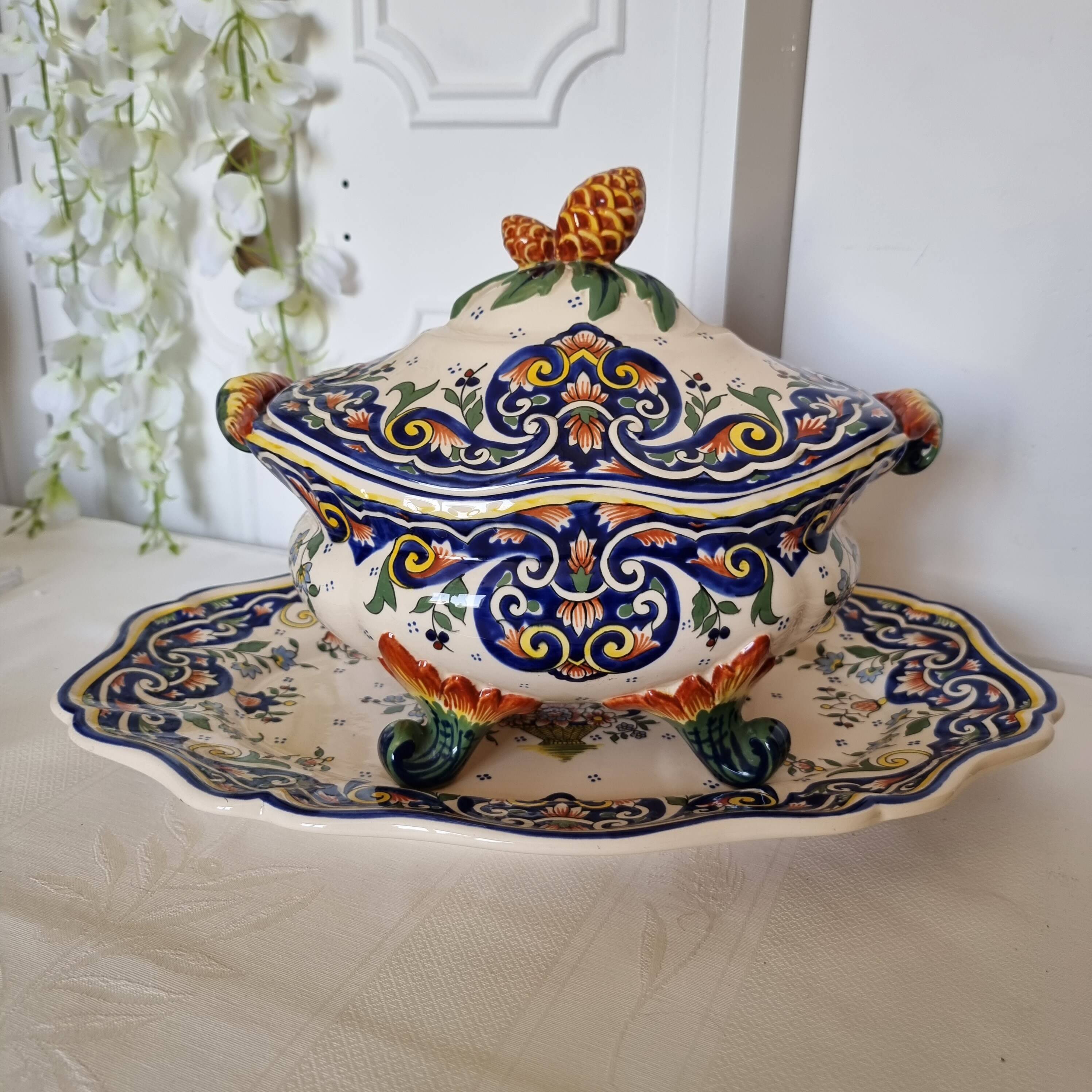 Vintage Rouen porcelain soup tureen with underplate, hand-painted