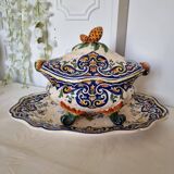 Vintage Rouen porcelain soup tureen with underplate, hand-painted