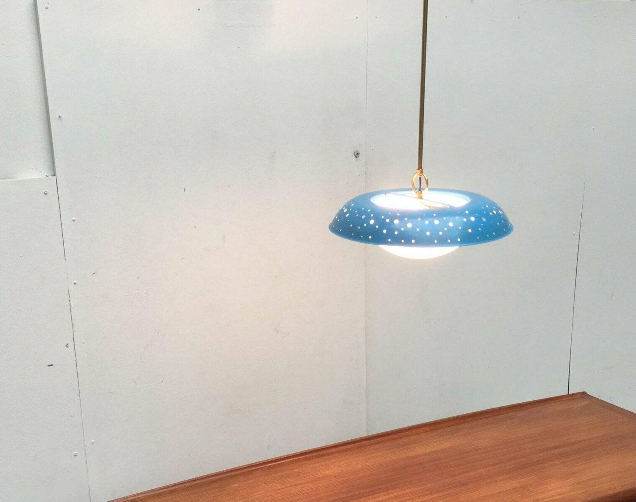 Perforated metal pendant lamp in mid-century style attributed to Ernest Igl for Hillebrand Leuchten, 1960s.