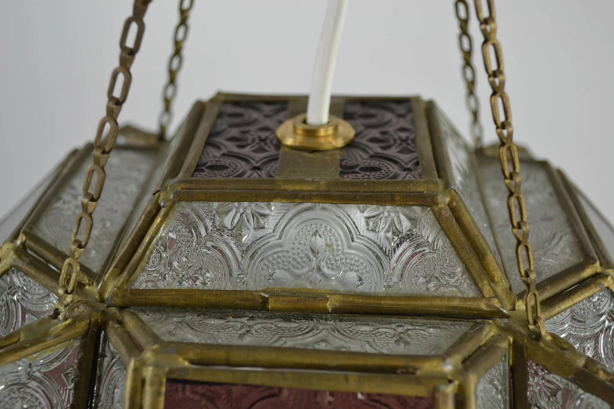 Multicolored Pressed Glass and Brass Pendant Lantern, Scandinavia, circa 1940s–1950s