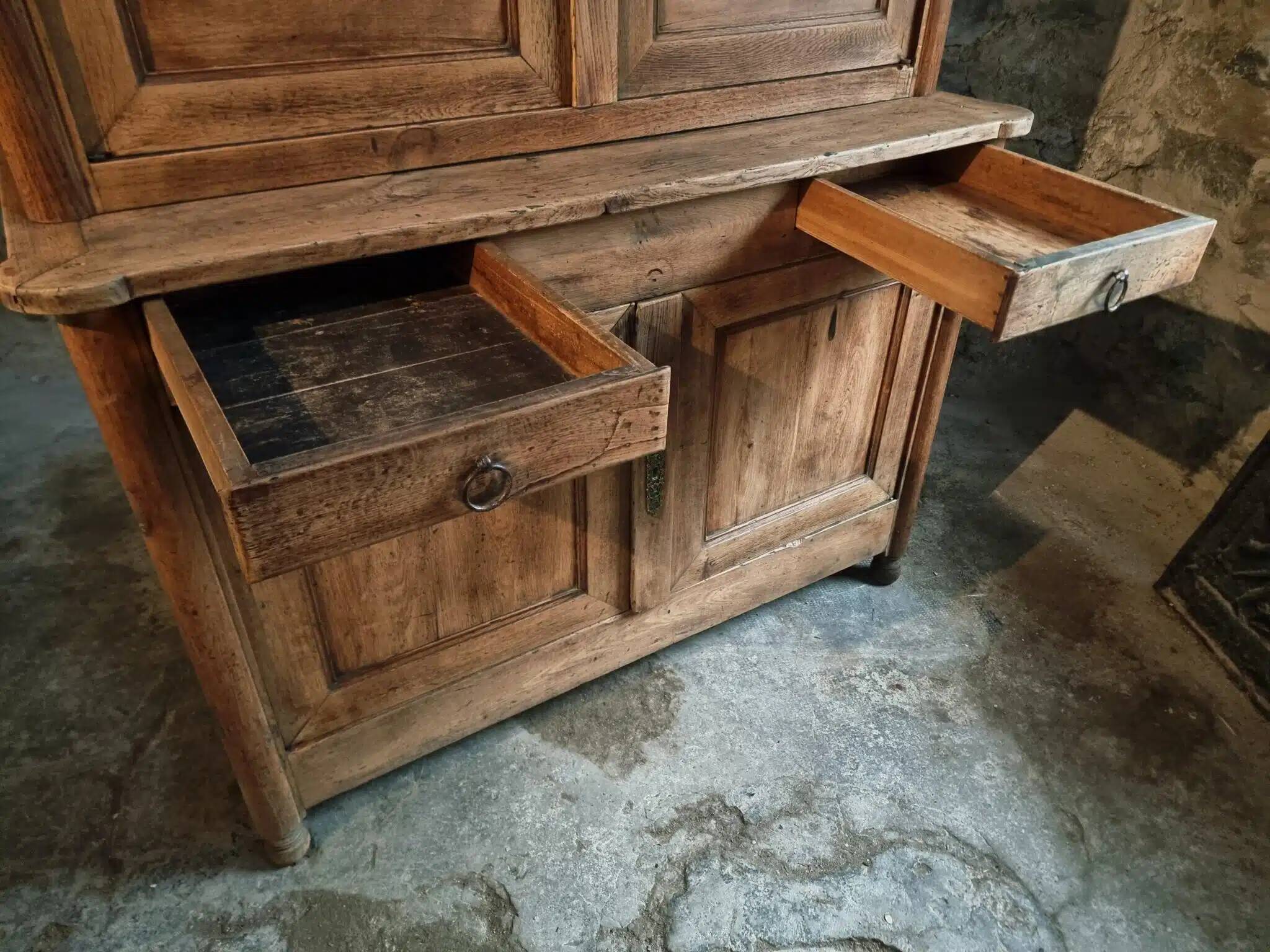 Antique French oak sideboard – Two-part display cabinet with drawers and four doors