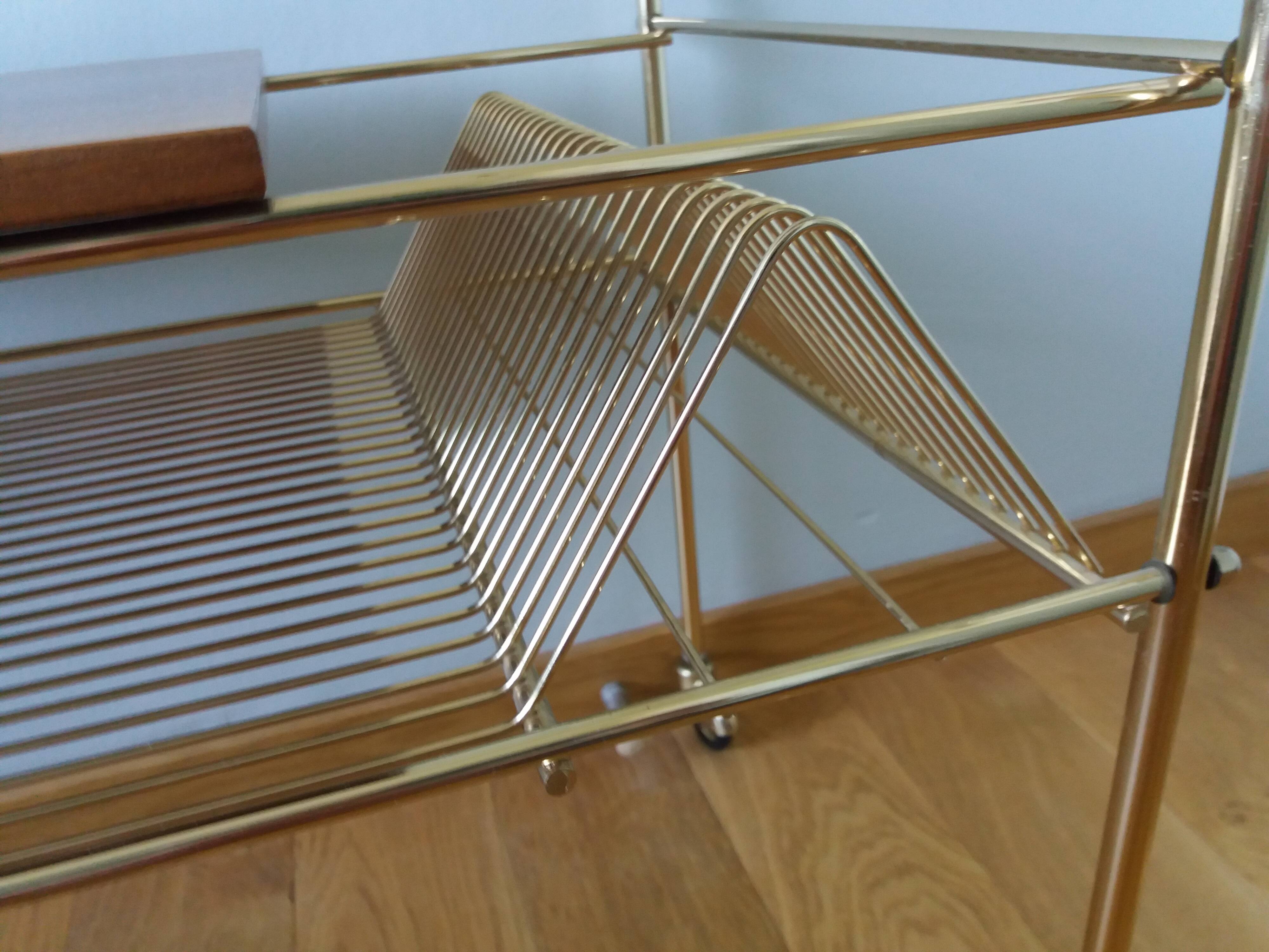 Vinyl hi-fi console with wheels in gold metal and wood