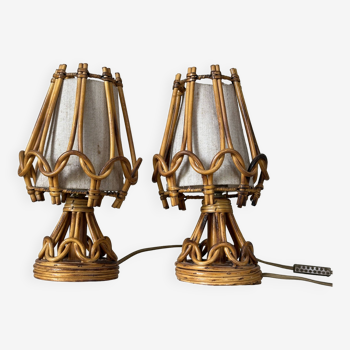 Paire lampes rotin vintage design années 60
