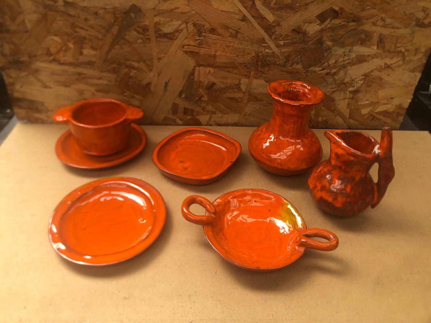 Old vallauris service 7 pieces empty pitchers pocket ceramic orange #a996