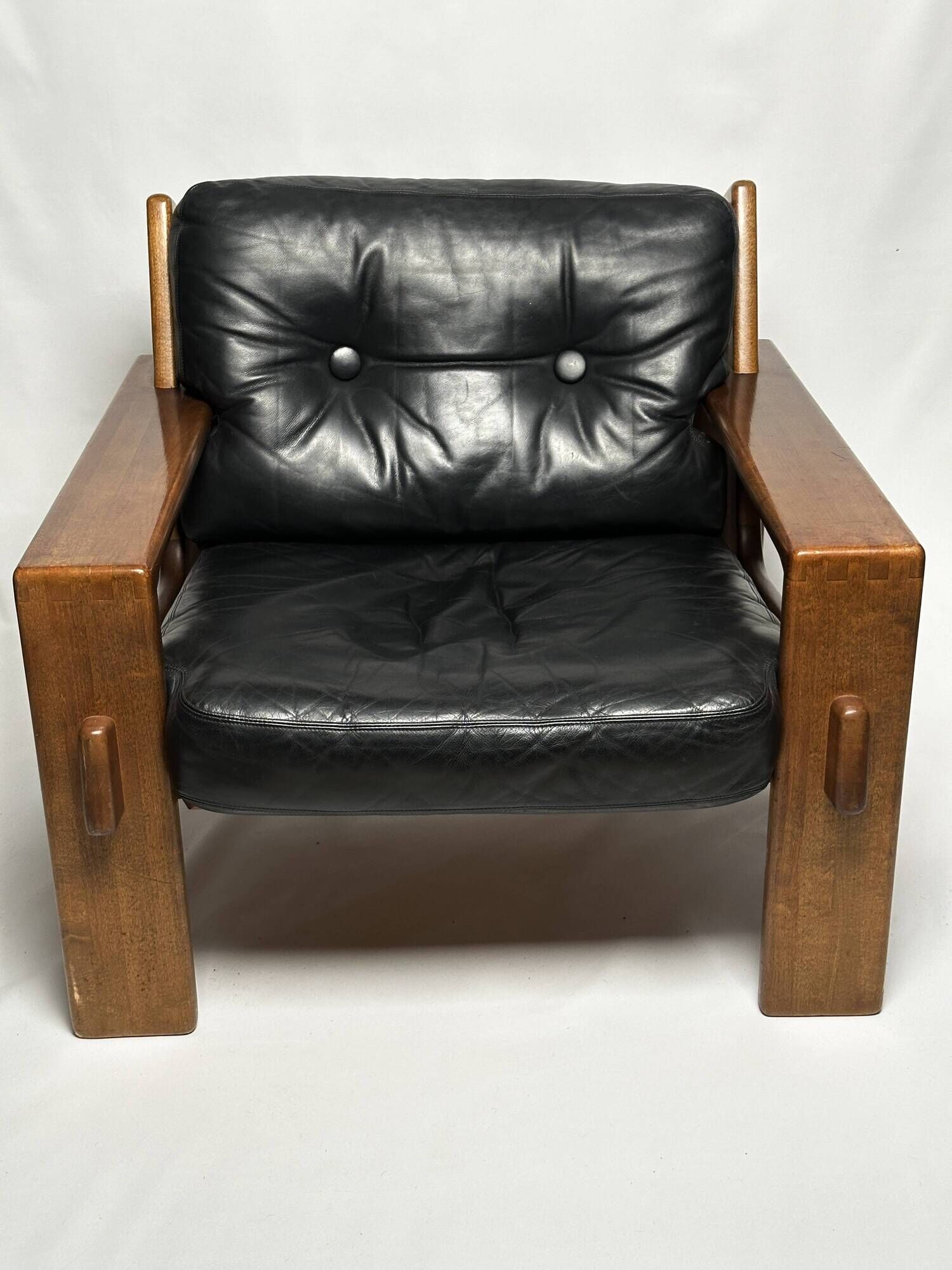 Black leather and wood armchair by Esko Pajamies, 1960s, Finland.