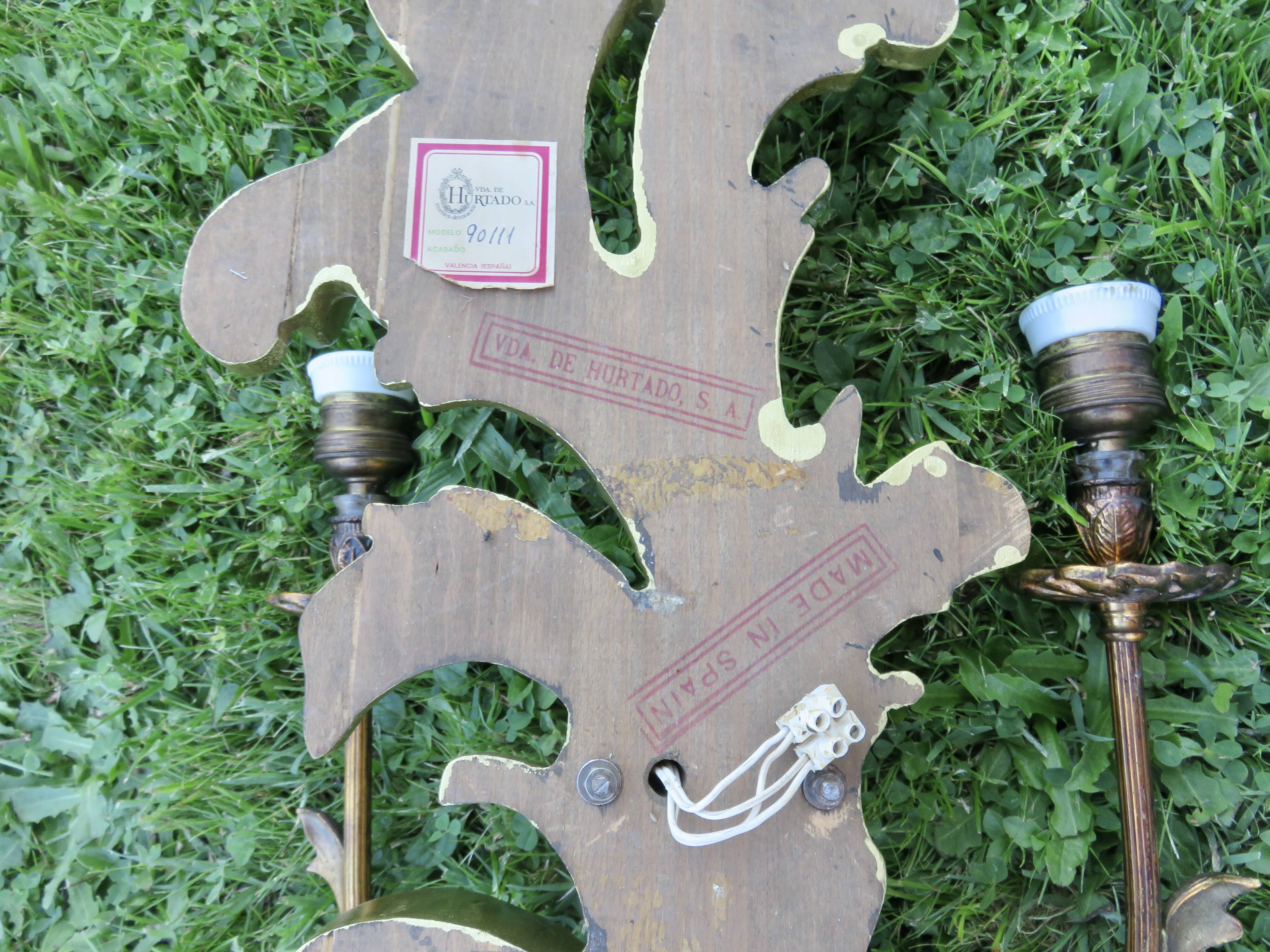 Pair of 86cm castle sconces in gilded wood from the 1940s