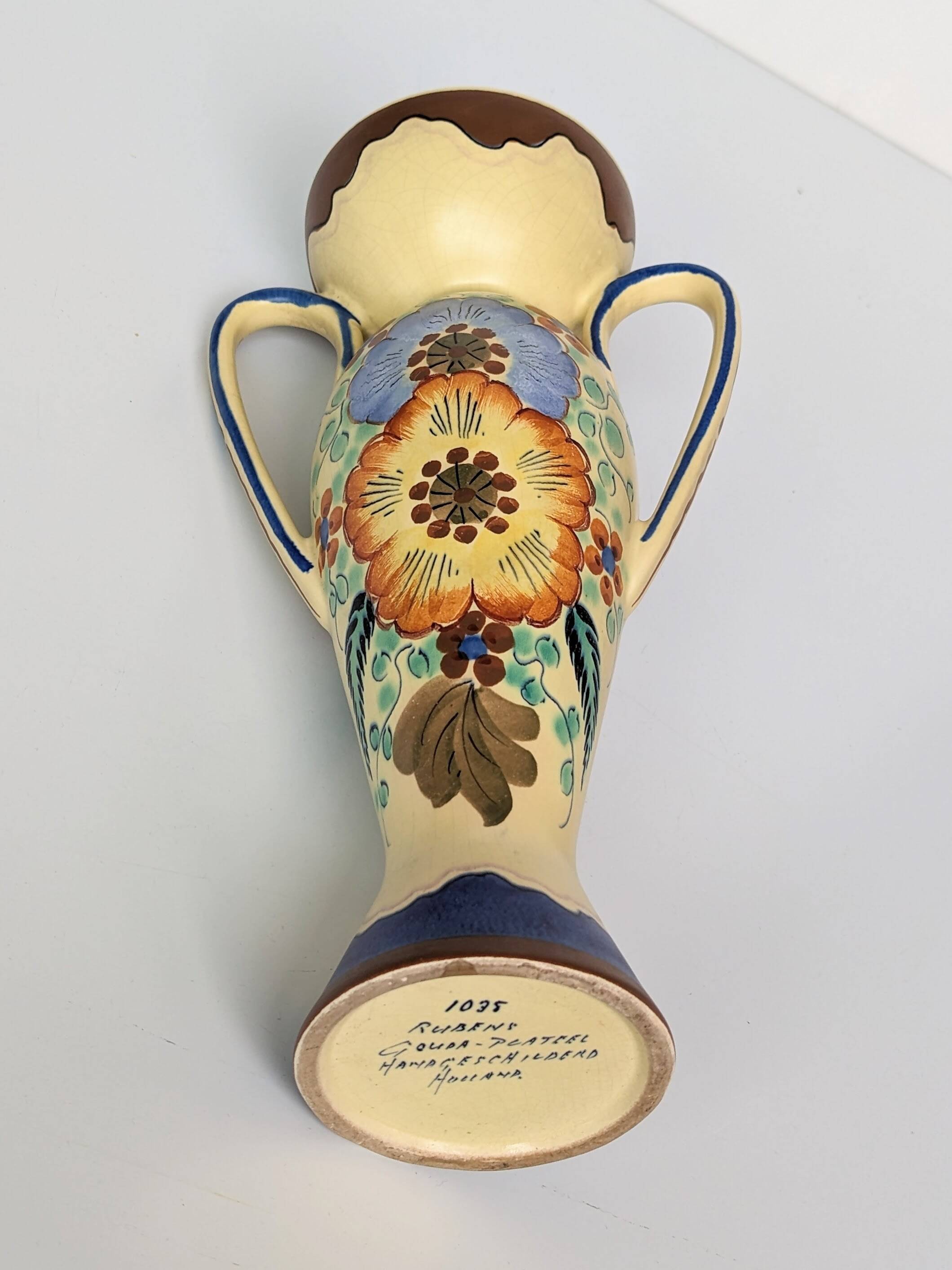 Amphora Vase Ceramic Gouda Holland - Rubens hand painted flower motif - Model 1035