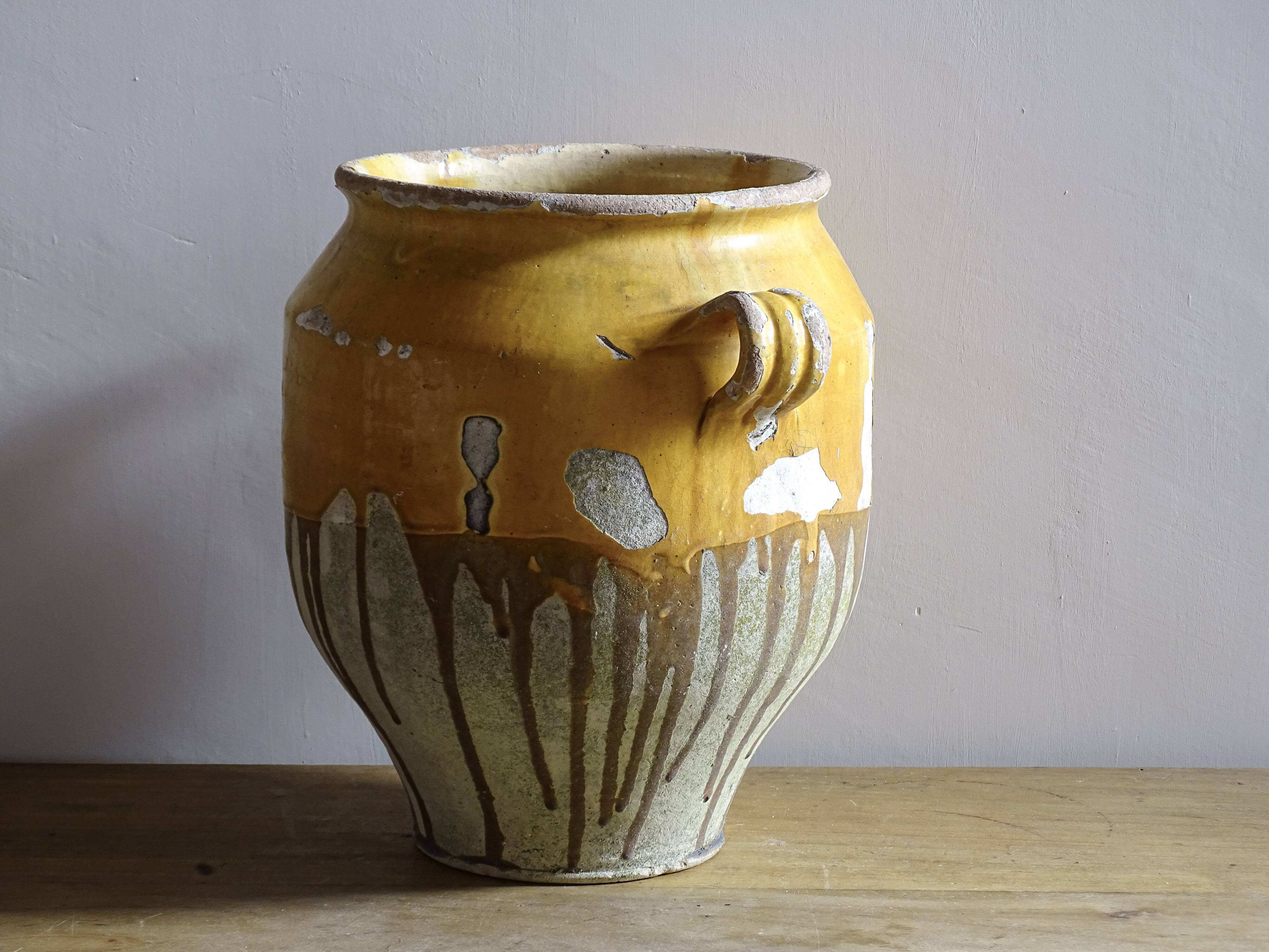 Large Antique French Confit Pot with Yellow Glaze
