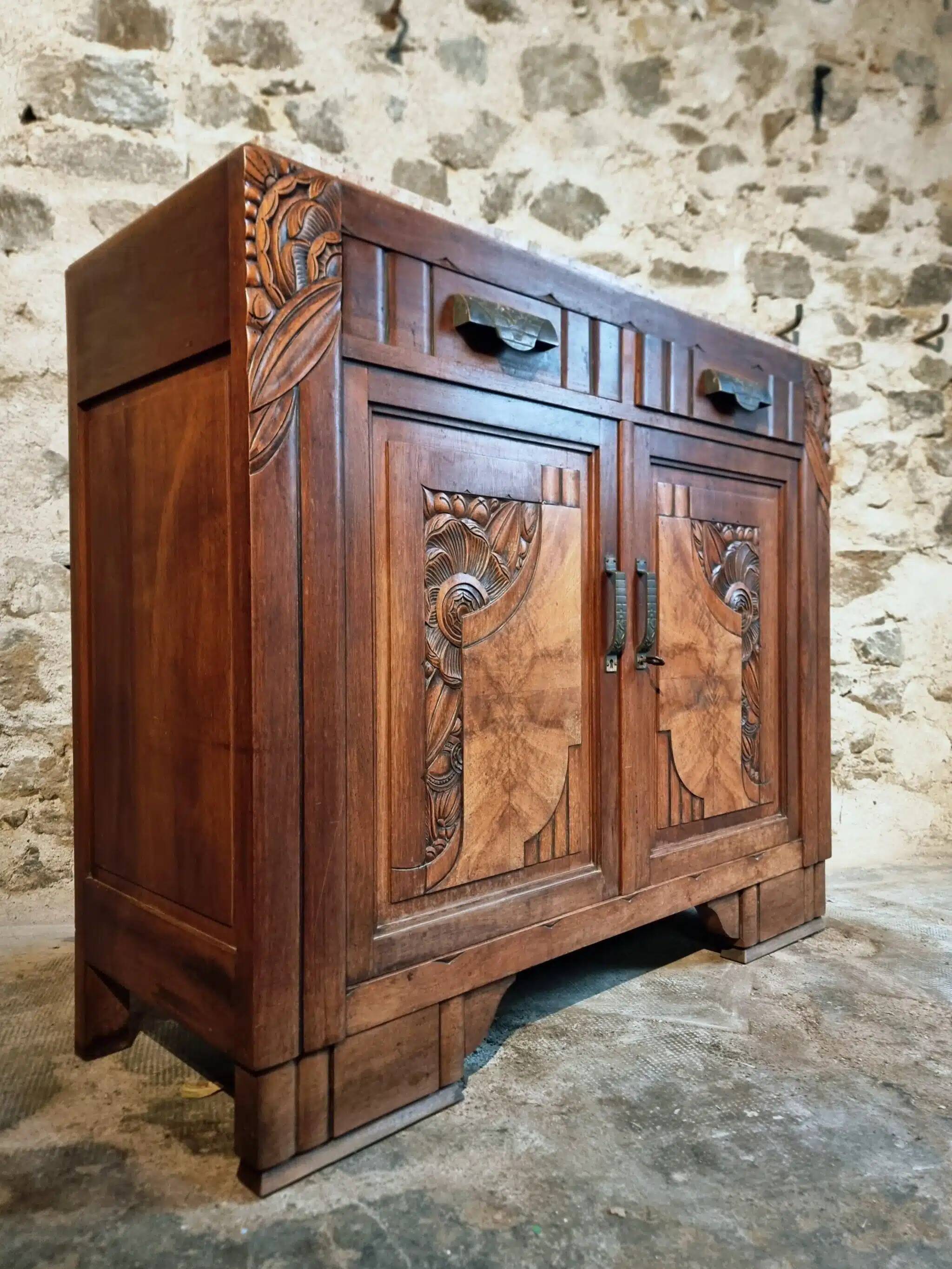 French Art Deco walnut sideboard with marble top (1920s)