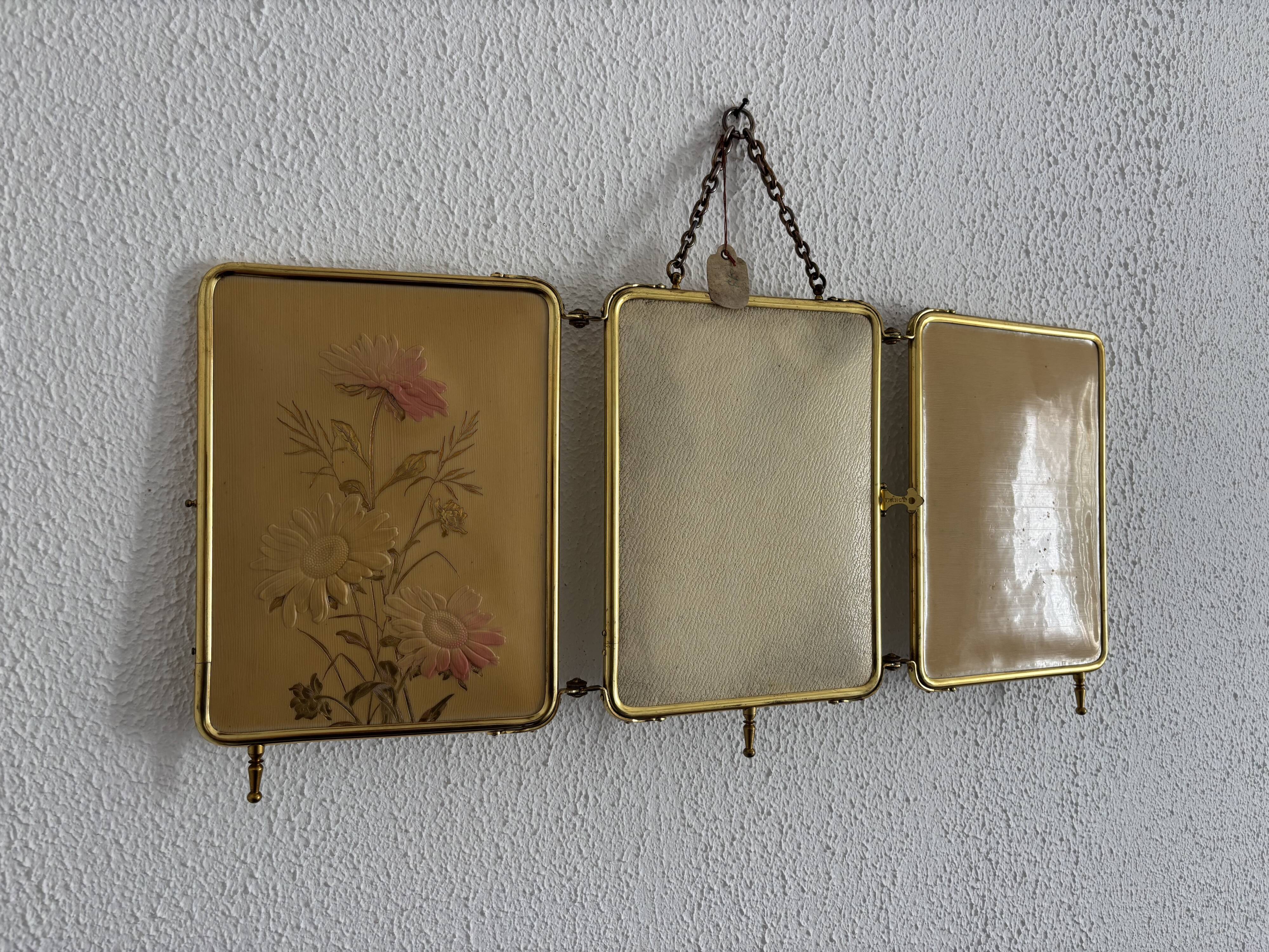 Miroir vintage 1920 triptyque barbier doré fleurs neuf bon marché - 28 x 60