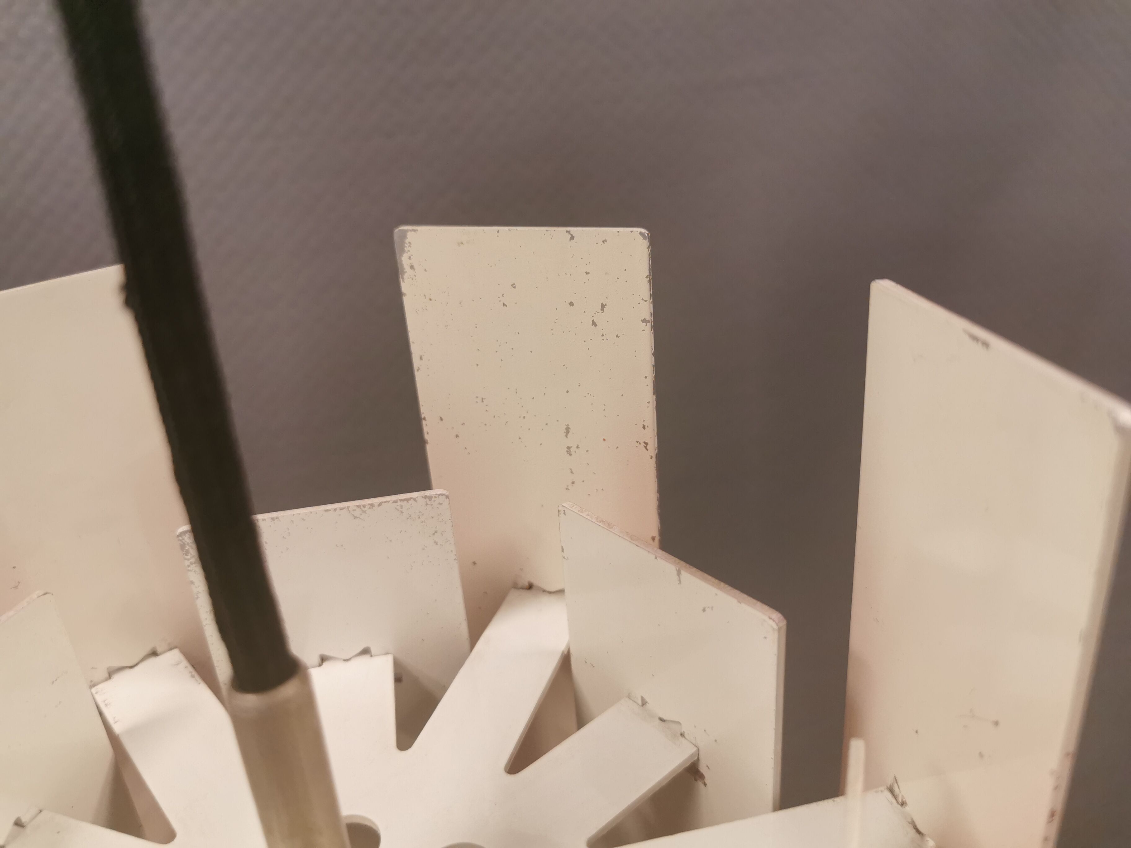 Danish hanging lamp model "Cocktail" consisting of 12 red/white aluminium slats