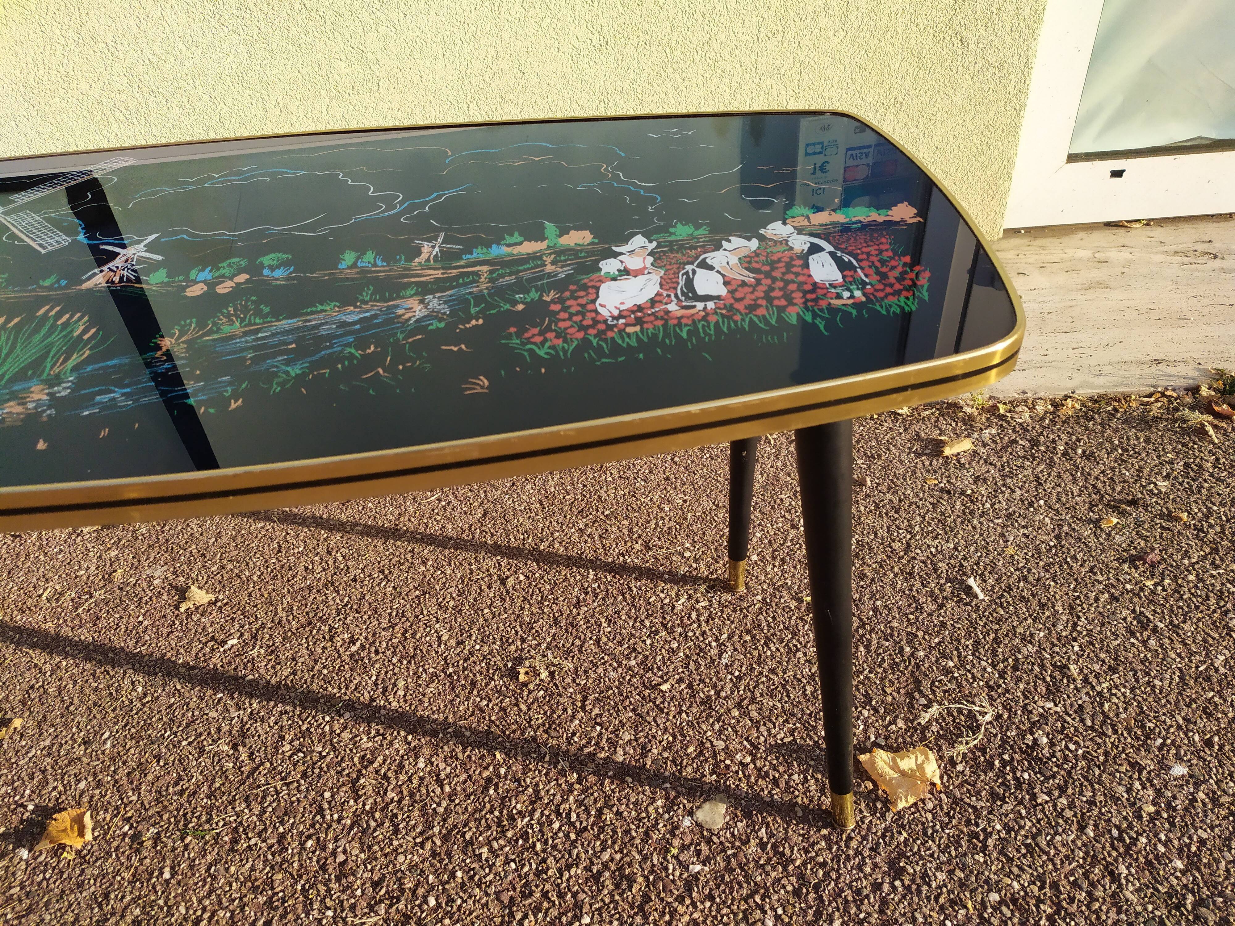 Table basse pieds compas formica verre paysage moulin breton - vintage 1960