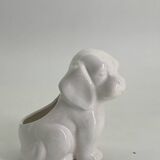 Cache pot chien en porcelaine blanc vintage