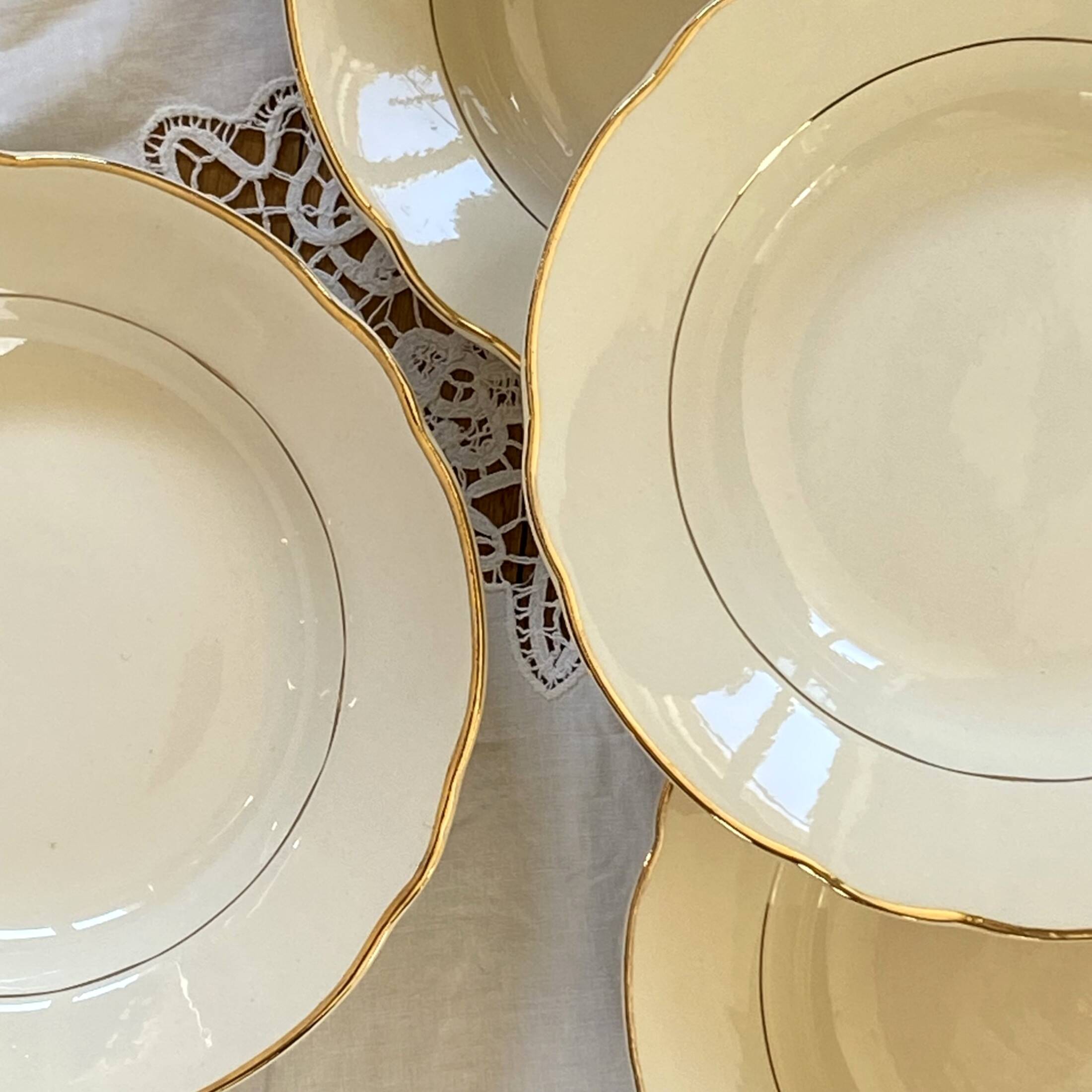 Set of 6 old earthenware soup plates, cream color and gilding Digoin Sarreguemines ACC-7157