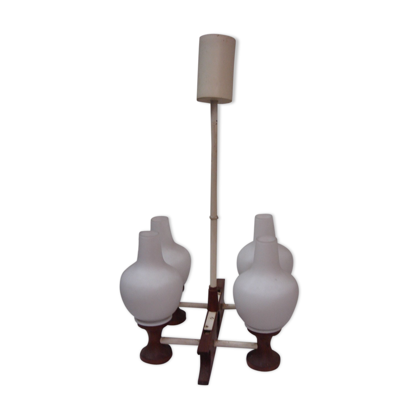 Scandinavian teak chandelier white opaline 1950