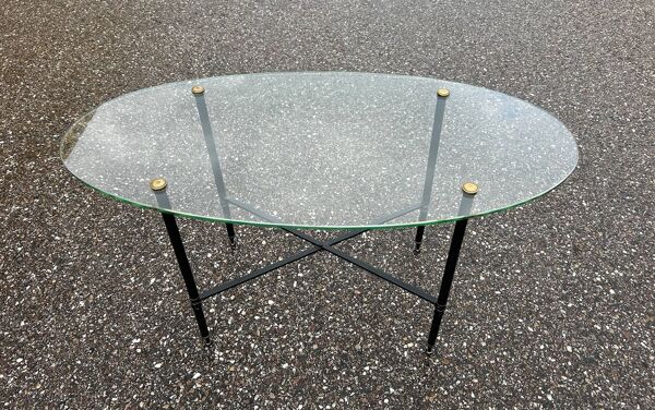Table basse ovale verre et laiton 1950