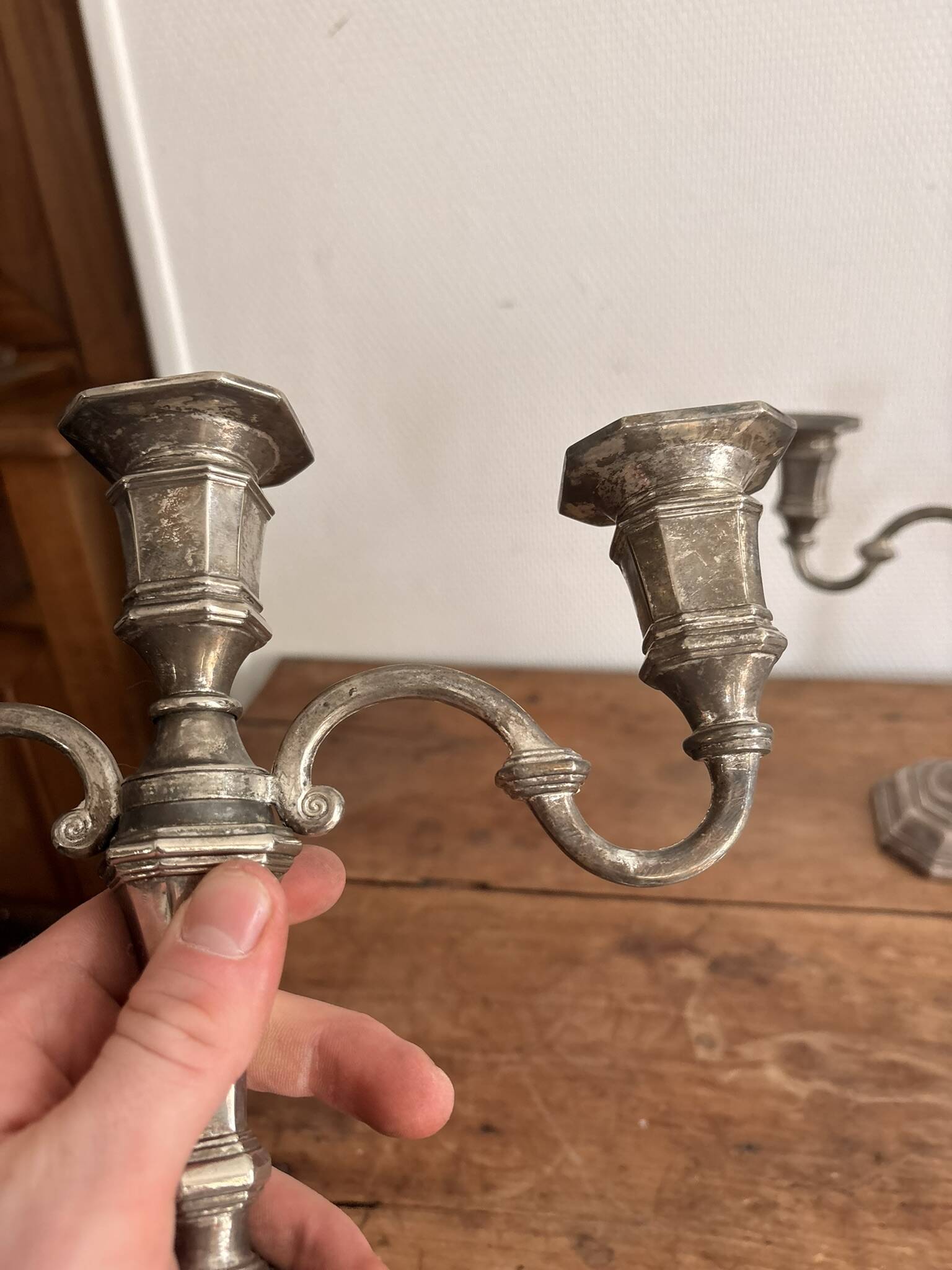Antique Pair Art Deco Louis XV 3 Arm Silver-Plated Candelabra