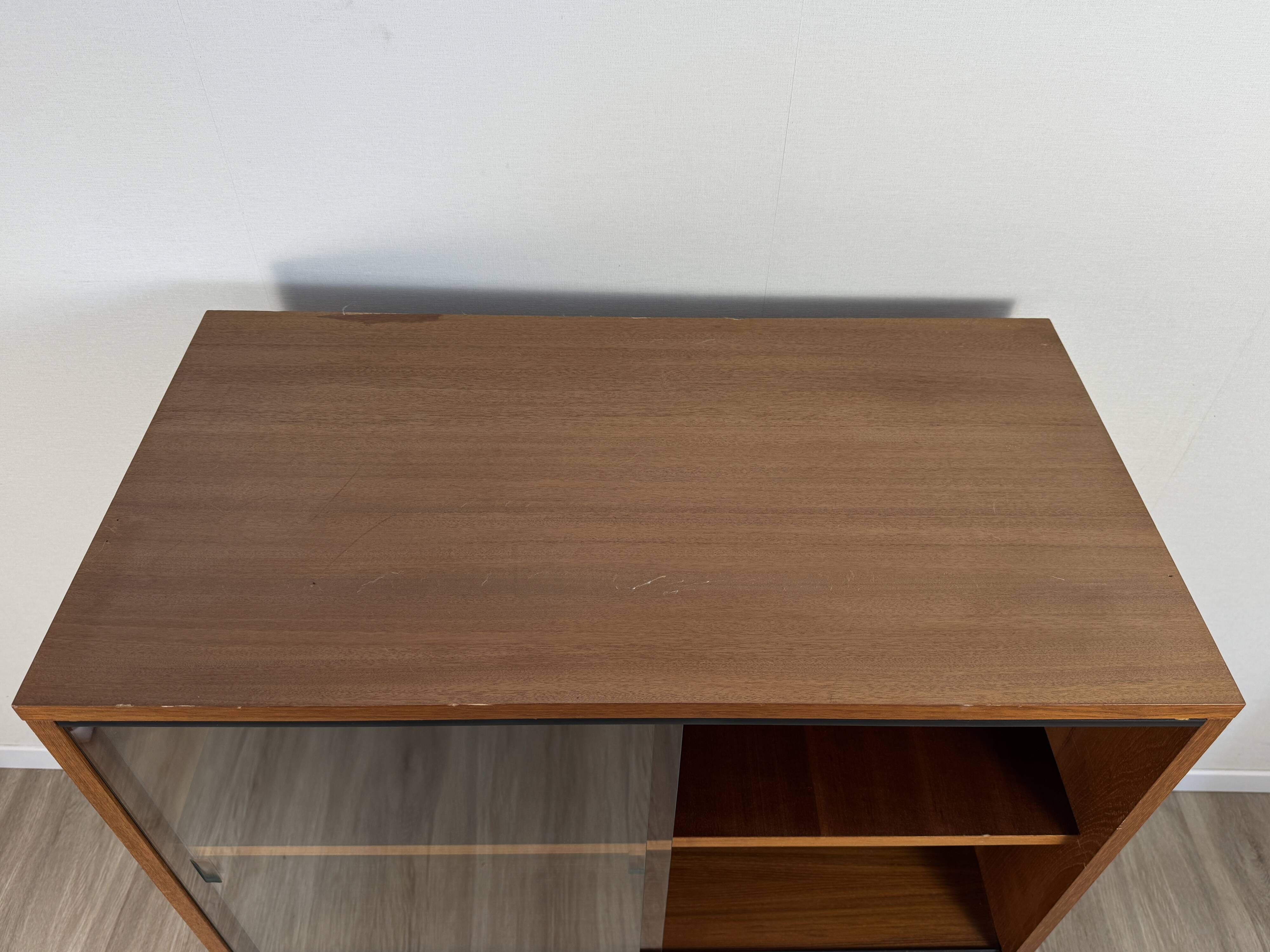 Teak bookshelf, sliding display + open storage, 60s/70s