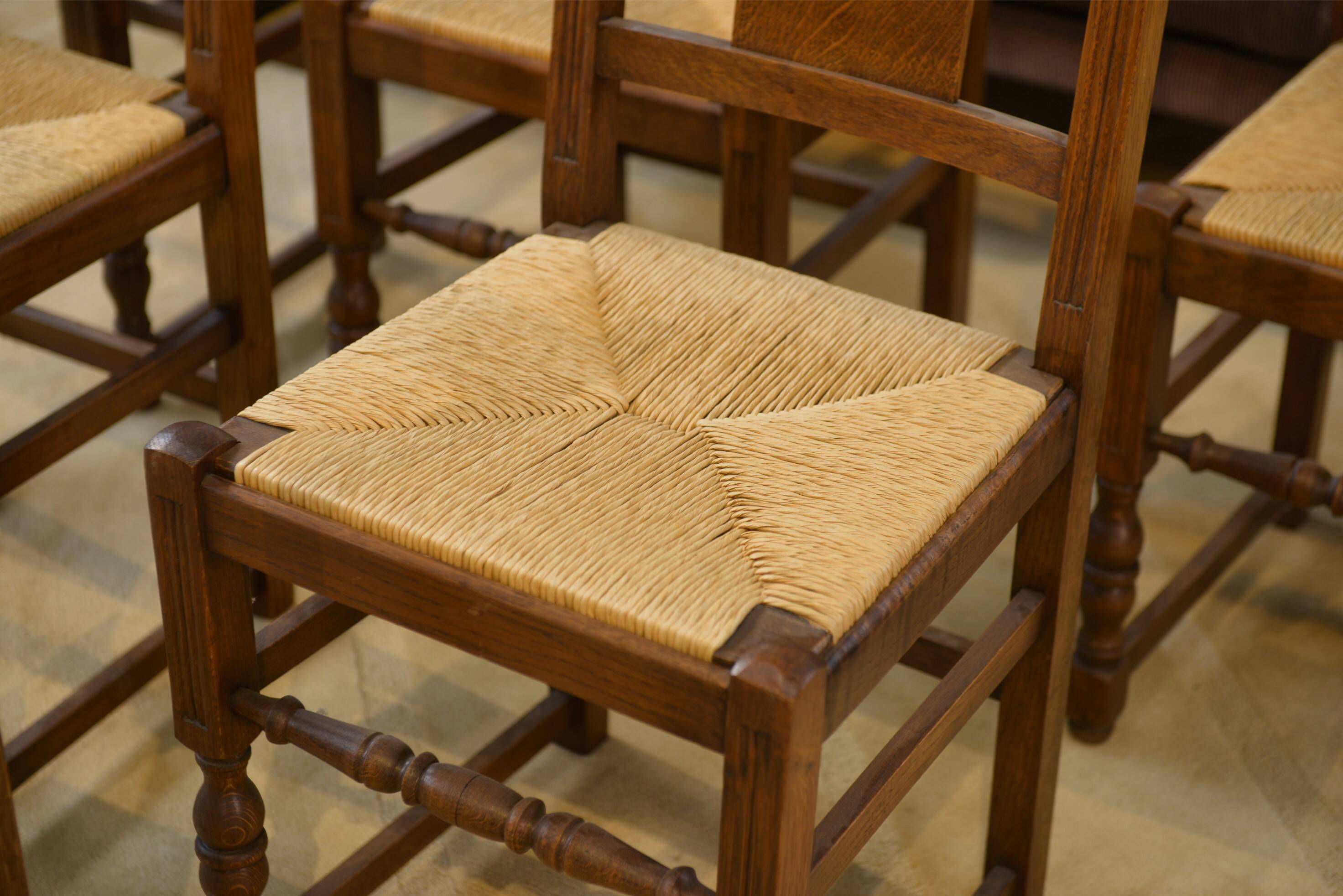 Set of 6 brutalist oak chairs from the 1950s.