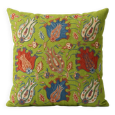 Silk Embroidered Floral Cushion Cover. Green Pillow Cover. Uzbek Suzani Throw Pillow. Traditional Accent Pillow
