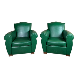 Paire de fauteuils vintage 1950 en skaï vert foncé