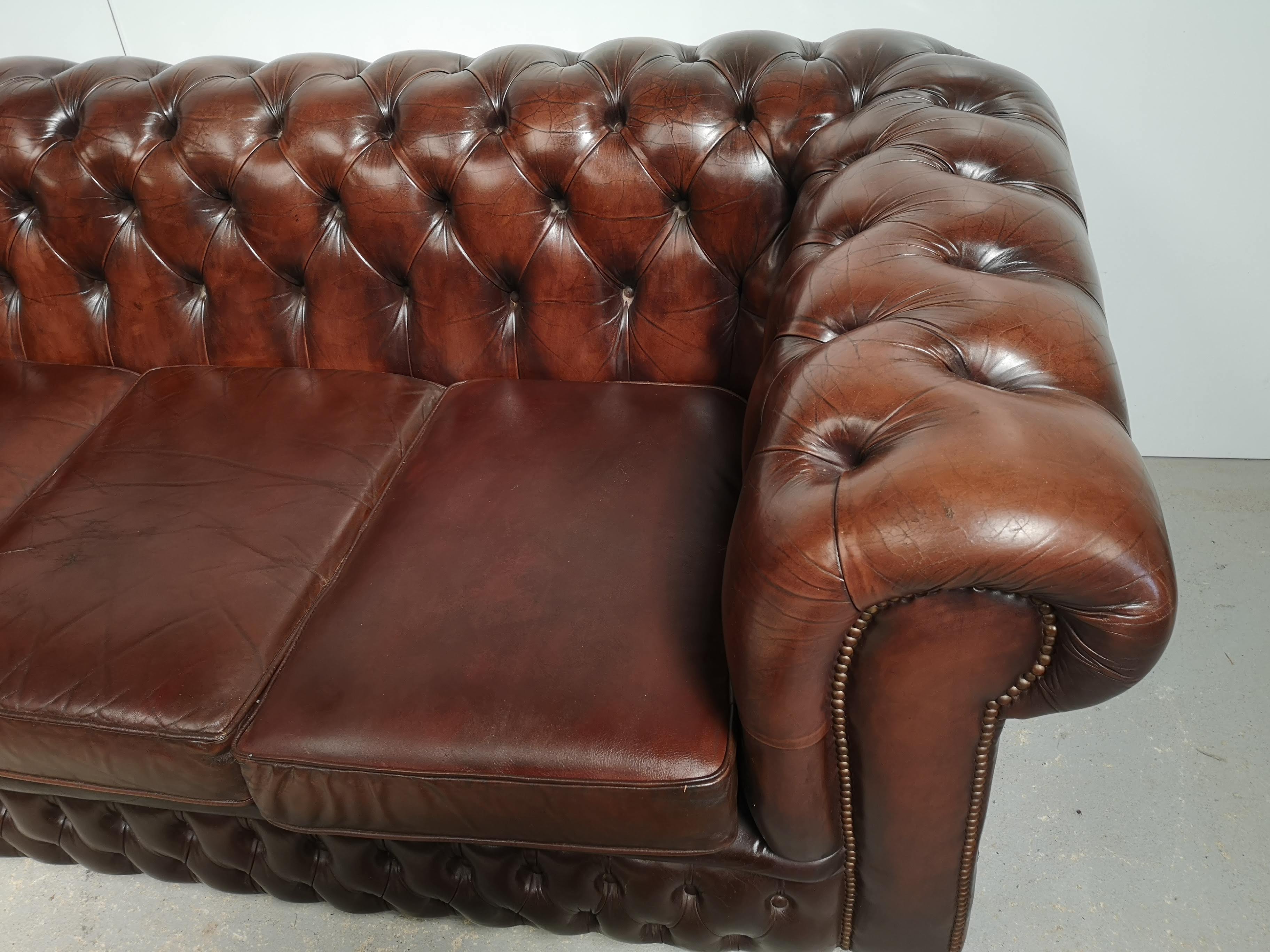 Sofa chesterfield brown leather three seater English