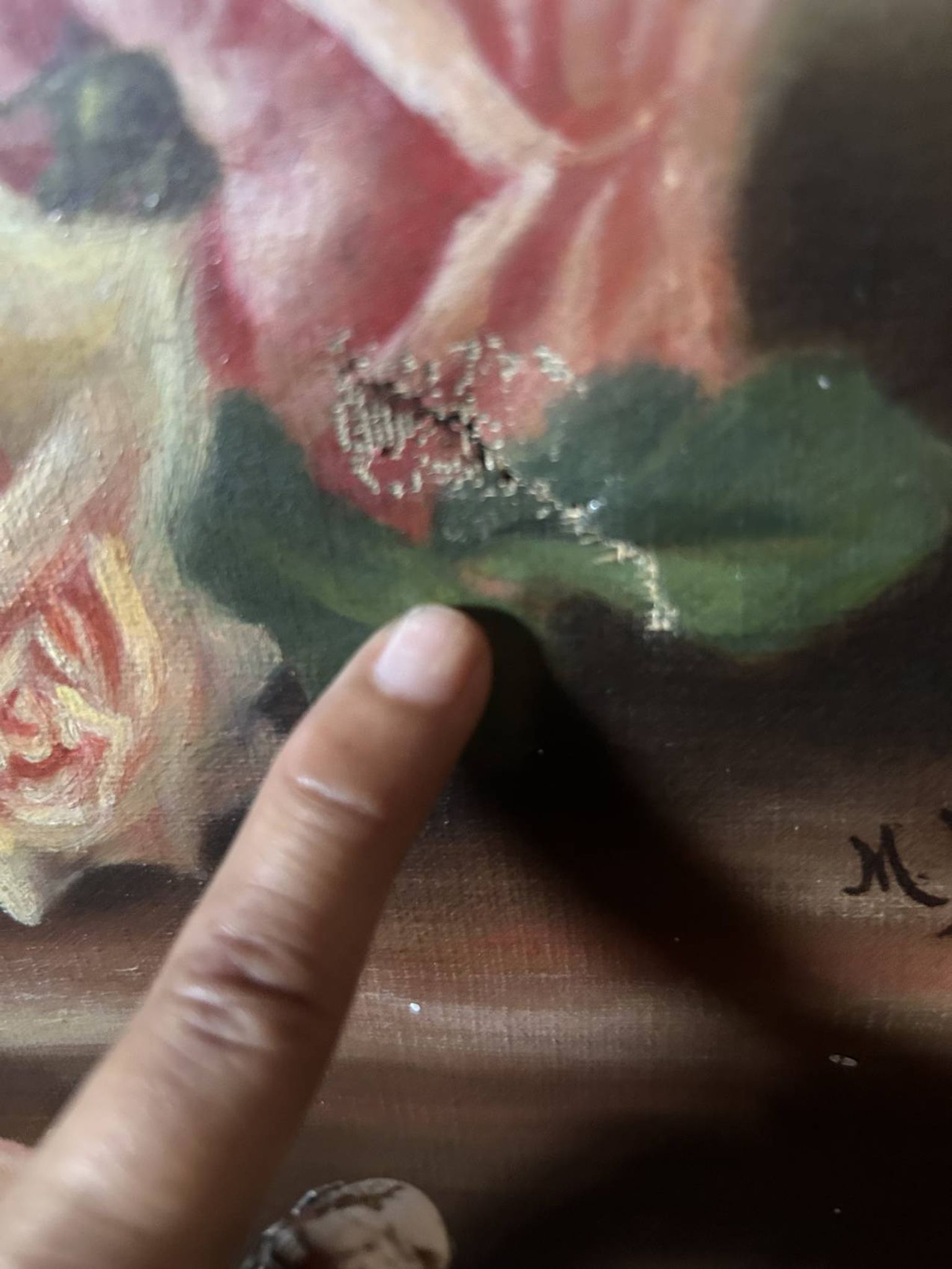 Large antique painting with roses – Oil on canvas from the 1900s – 40 x 102 cm – a large decorative format