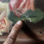 Large antique painting with roses – Oil on canvas from the 1900s – 40 x 102 cm – a large decorative format