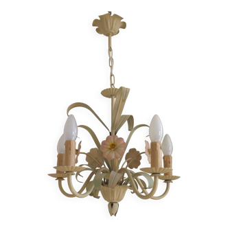 French Vintage 5 Light Cream Metal Chandelier With Pretty Pink Flowers