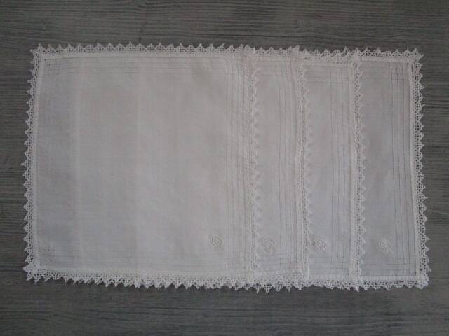 4 antique embroidered, monogrammed tea towels