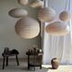 Small round pink rattan and natural linen Japanese-style pendant light D30