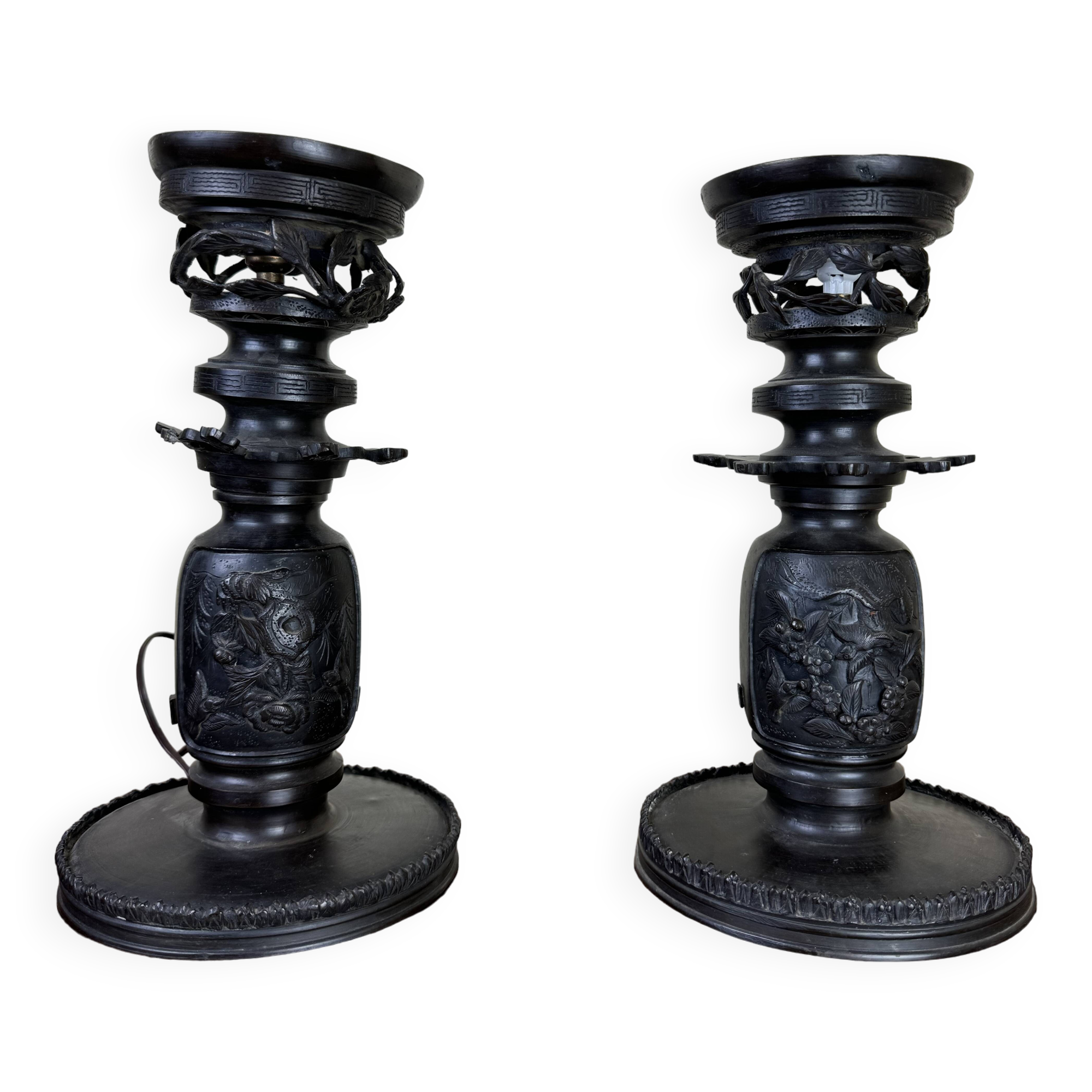 Japan Meiji period: Pair of patinated bronze candlesticks circa 1880