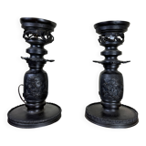 Japan Meiji period: Pair of patinated bronze candlesticks circa 1880