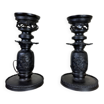 Japan Meiji period: Pair of patinated bronze candlesticks circa 1880