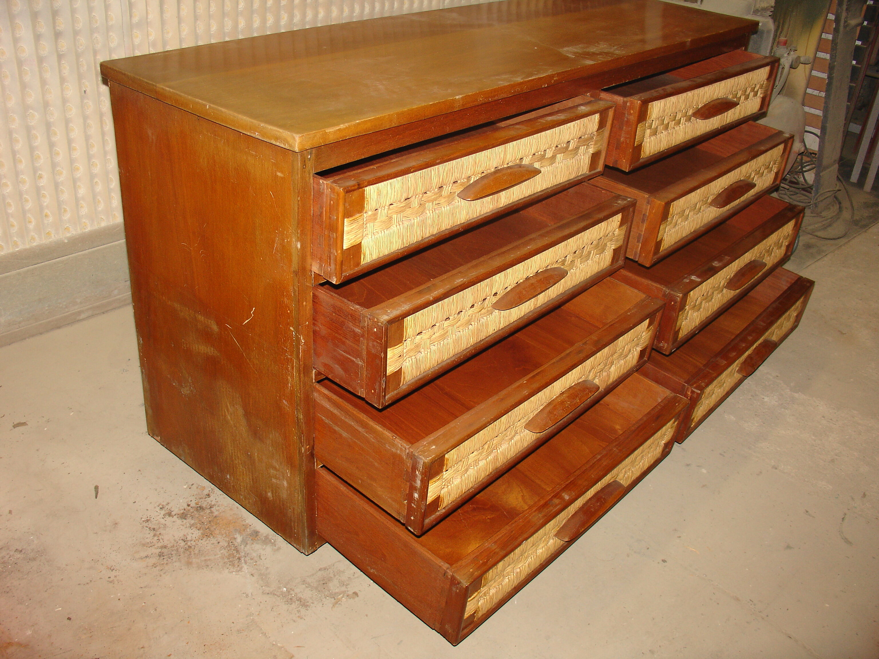 Mahogany and straw chest of drawers, circa 1950, Mexican made