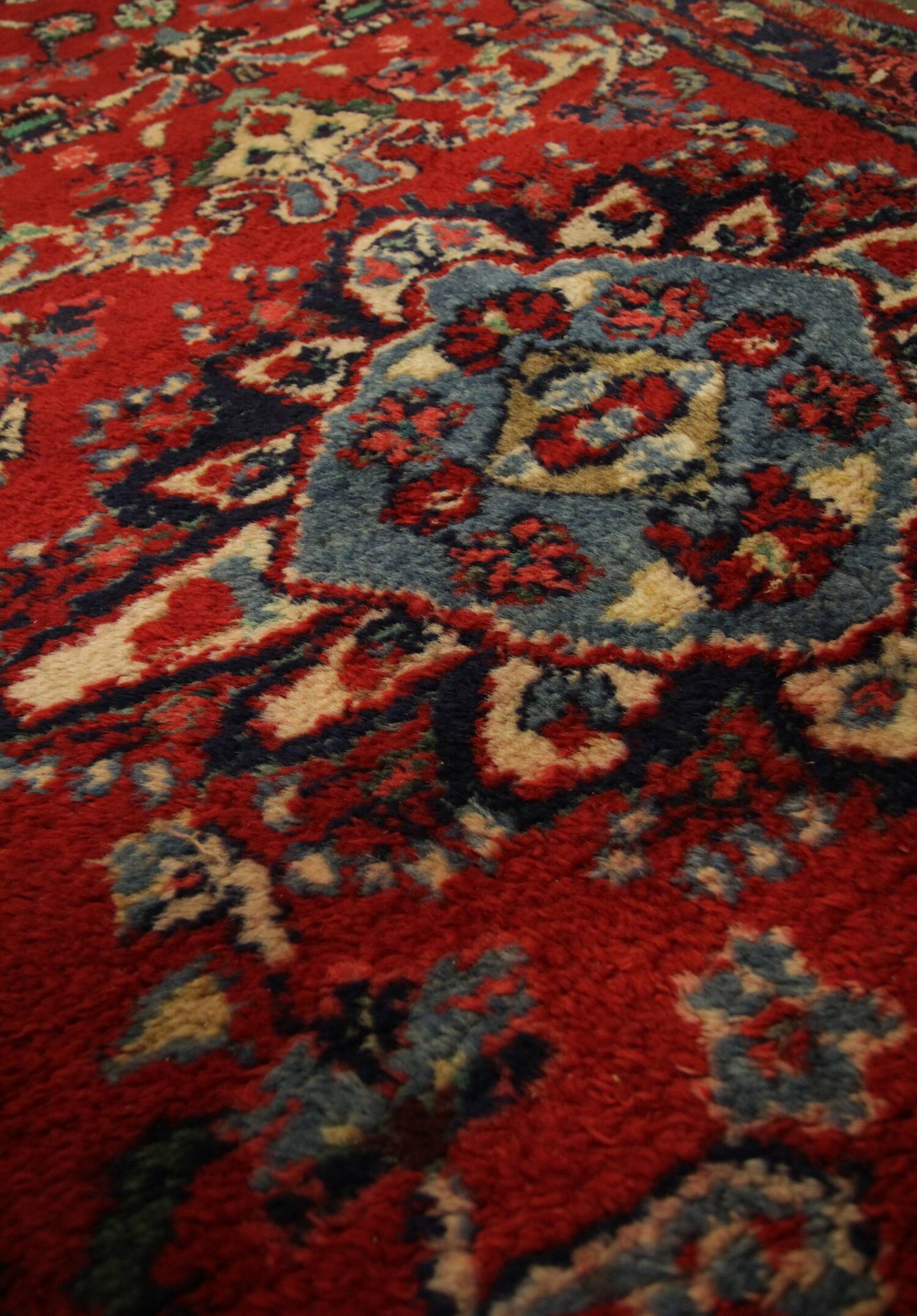 Handmade Red Floral Wool Runner, Vintage Mid-Century Stair & Hallway Rug
