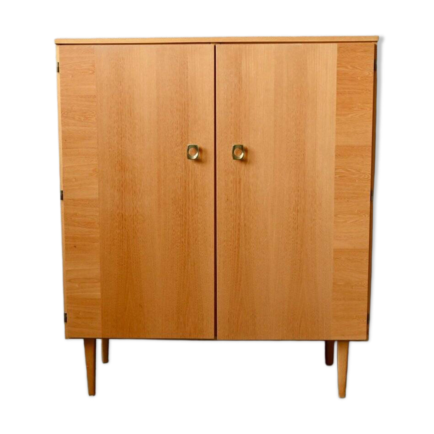 Vintage 1960s shoe cabinet in light wood and chrome metal.