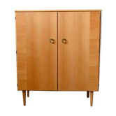 Vintage 1960s shoe cabinet in light wood and chrome metal.