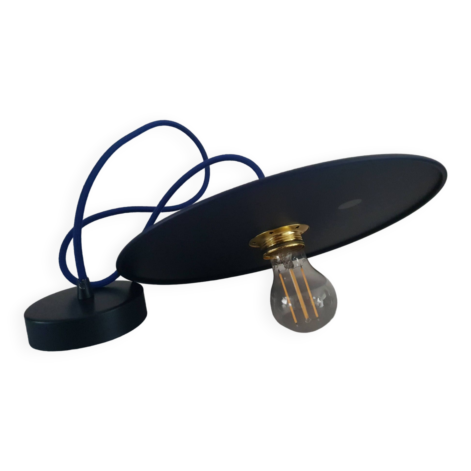 Midnight blue painted metal disc pendant light - blue textile cable