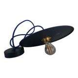 Midnight blue painted metal disc pendant light - blue textile cable