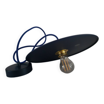 Midnight blue painted metal disc pendant light - blue textile cable