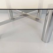 Square Italian vintage Space Age coffee table in smoked glass and metal.