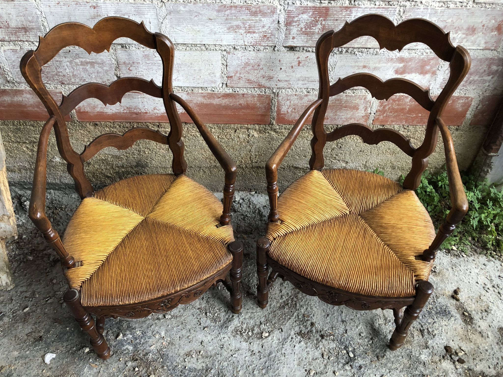 Pair Old Armchair Needle Wood Carved & Seat Paillé + Vintage Fabric Cover