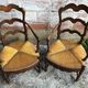 Pair Old Armchair Needle Wood Carved & Seat Paillé + Vintage Fabric Cover