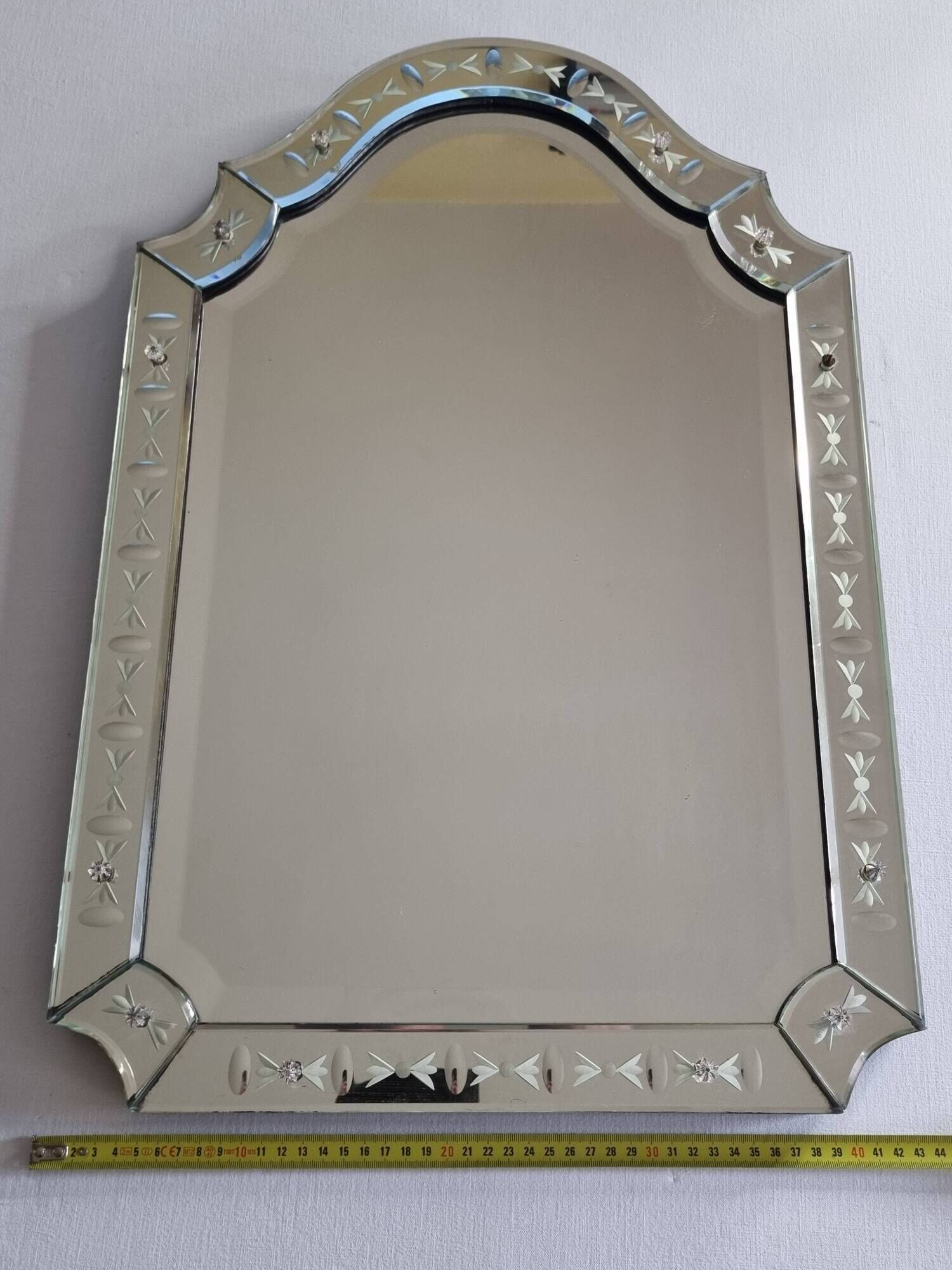 Vintage Venetian Beveled Edge Mirror with Engravings and Cabochons, 1950s, 62 x 44 cm
