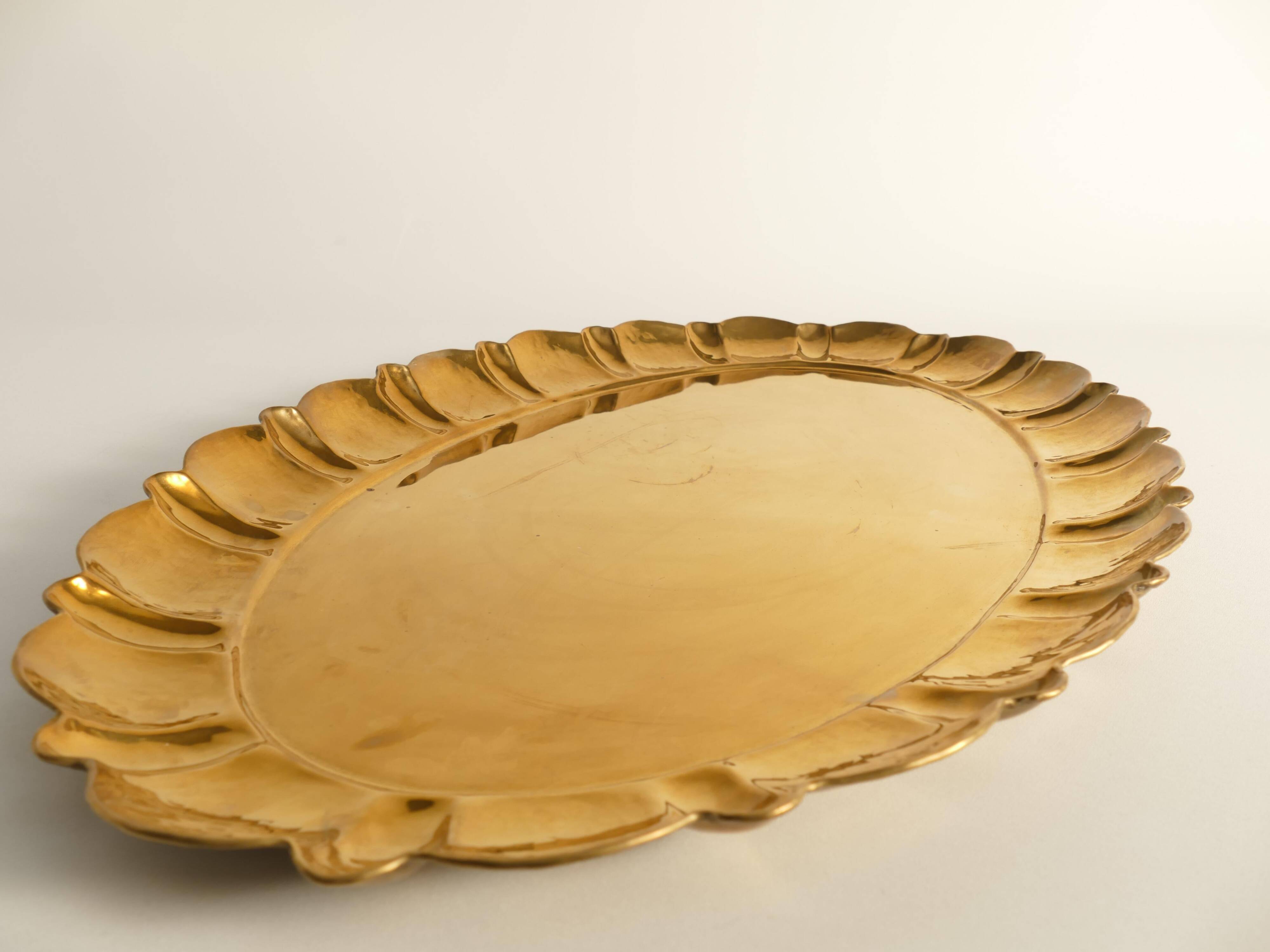 Hollywood Regency Large Oval Brass Tray by Firma Lars Holmström, Sweden 1940's