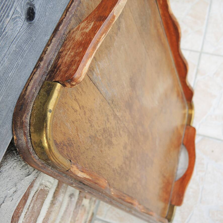Old large wooden and brass serving tray